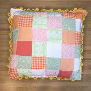 Boho Hippoe Granny Grandma Quilt Throw Accent Pillow with Pom-poms